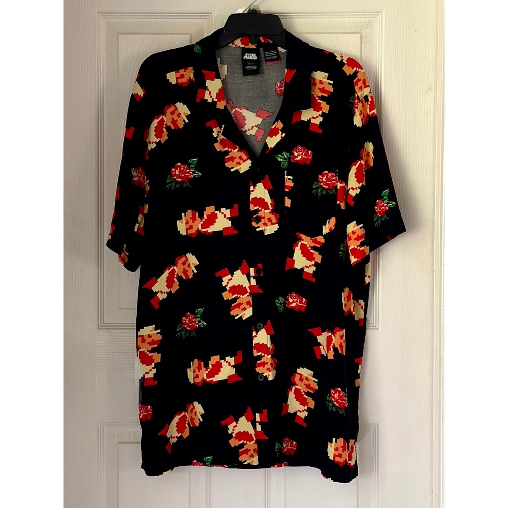 Nintendo Super Mario Pixel Art Rose Rayon Button Down Shirt Mens XL Mad Engine